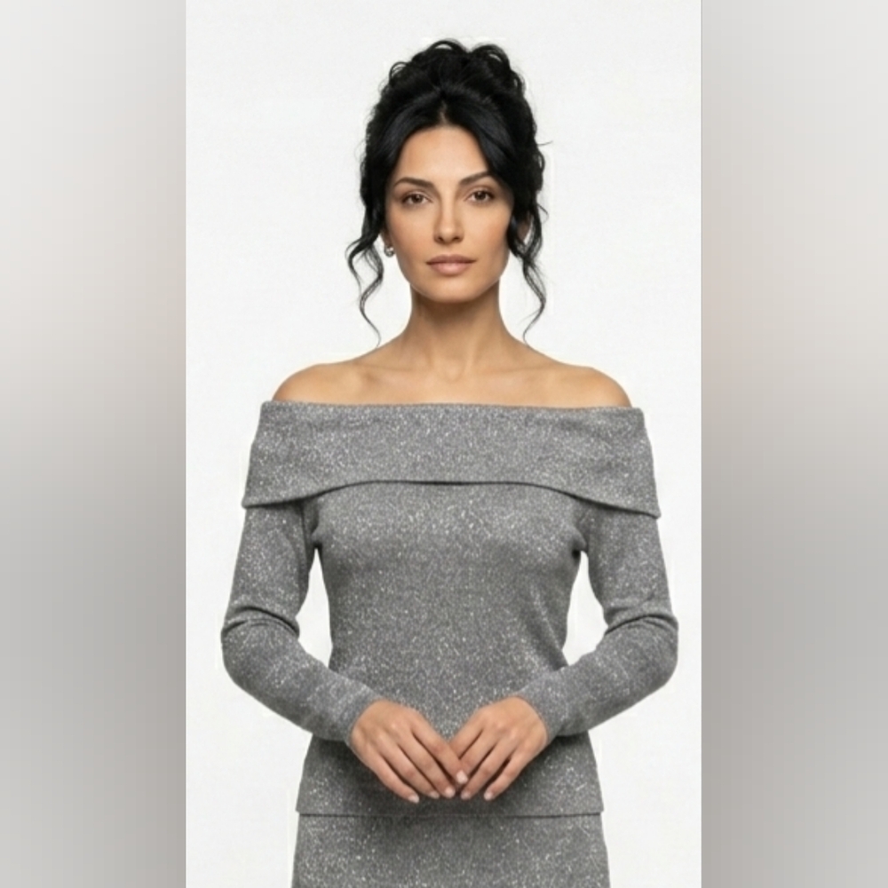 NWOT White House Black Market Gray/Silver Off-The-Shoulder Shimmering Top Size S